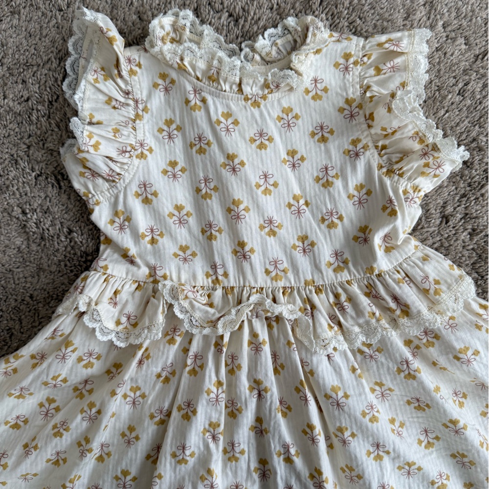White & Gold Floral Ruffle Baby Dress with Matching Bloomers - Picture 3 of 8